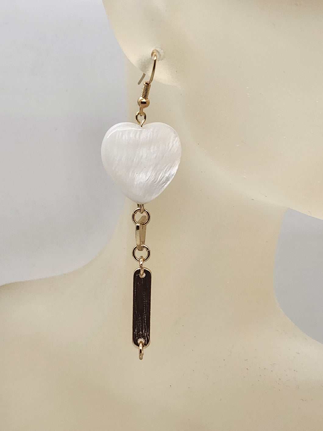 Artisan heart shell with gold tone dangle earrings