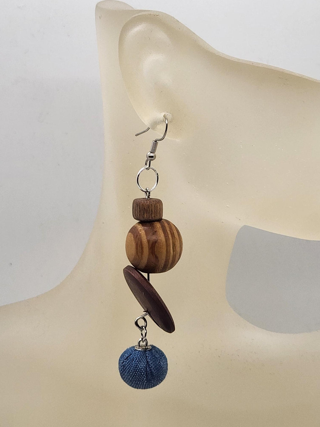 Artisan wood and denim dangle earrings