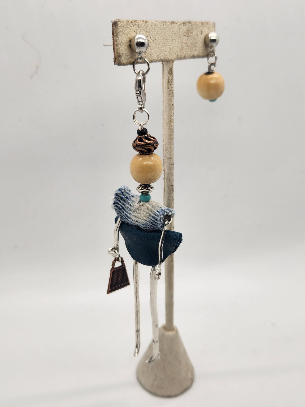 Artisan Doll Dangle teal leather skirt with denim top earrings