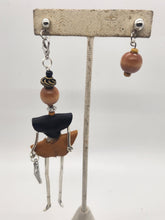 Load image into Gallery viewer, Artisan Doll Dangle black leather top camel leather skirt earrings
