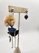 Load image into Gallery viewer, Artisan Doll Dangle with blond afro black leather skirt denim top earrings
