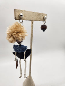Artisan Doll Dangle with blond afro black leather skirt denim top earrings