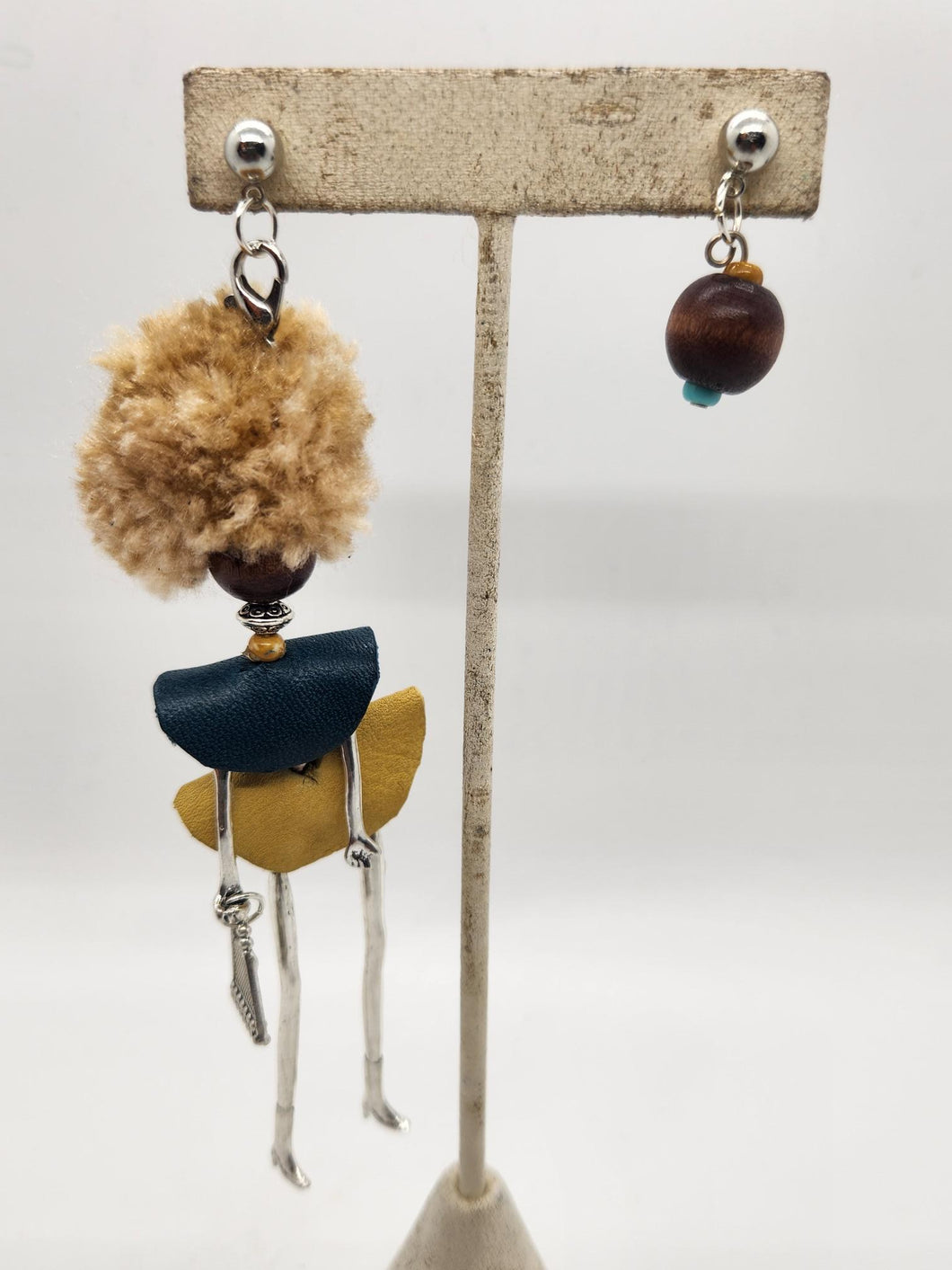 Artisan Doll Dangle with tan afro black leather top mustard leather skirt  earrings