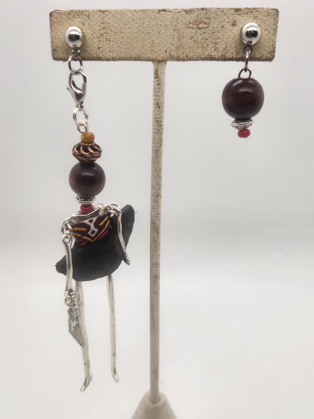 Artisan Doll Dangle with black leather skirt ethnic print top  earrings