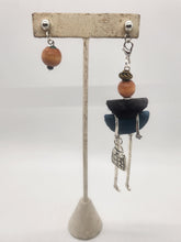 Load image into Gallery viewer, Artisan Doll Dangle with black leather top teal leather skirt earrings
