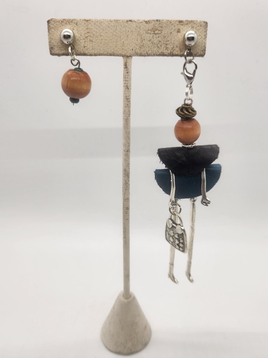 Artisan Doll Dangle with black leather top teal leather skirt earrings