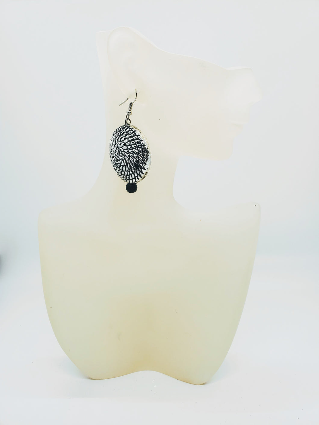 Artisan Circle Silvertone Basket Earrings With Black Matte Bead Detail