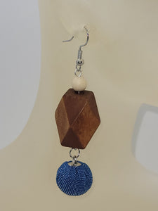 Wooden faceted and denim sphere earrings