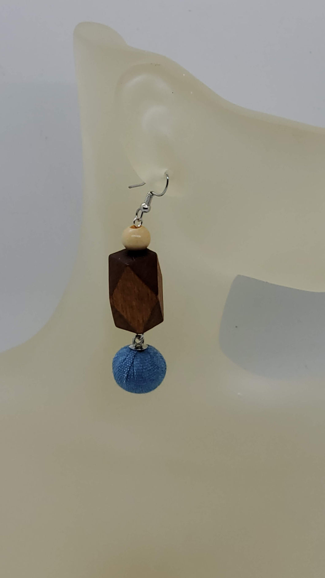 Artisan Hexagon Wood And Light Denim Ball Earrings