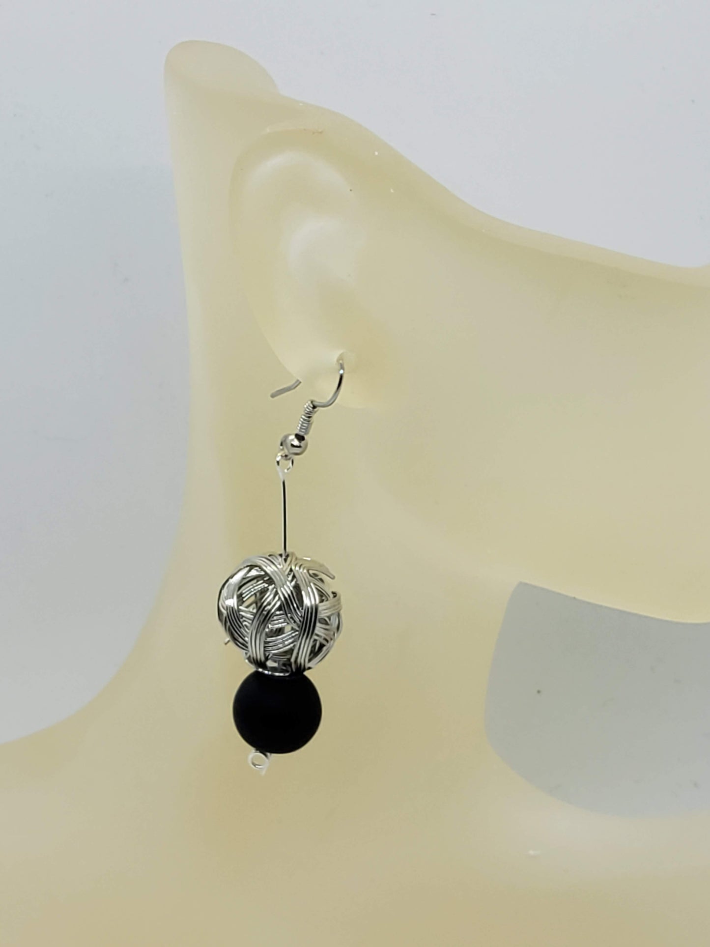 Artisan Silvertone Metal Knitted Ball With Black Matte Earrings