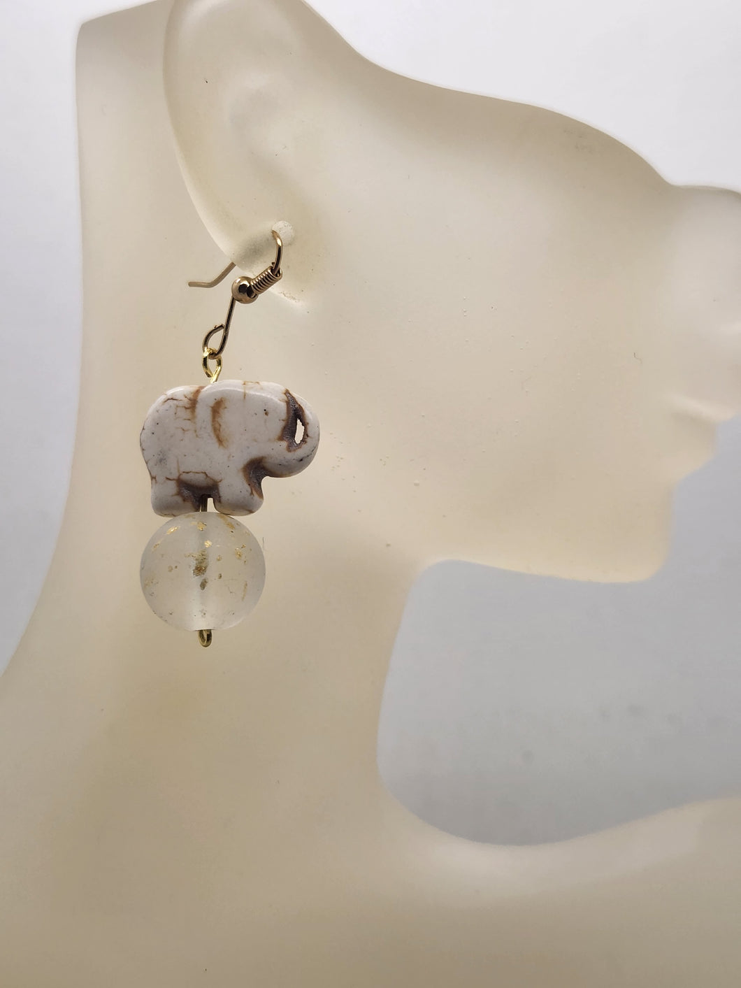 Artisan Elephant Wagnerite Stone & Frosted Gold Speckled Glass Stone Artisan Earrings